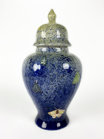 Statige dekselvaas in blauw geel motten - Afbeelding 3